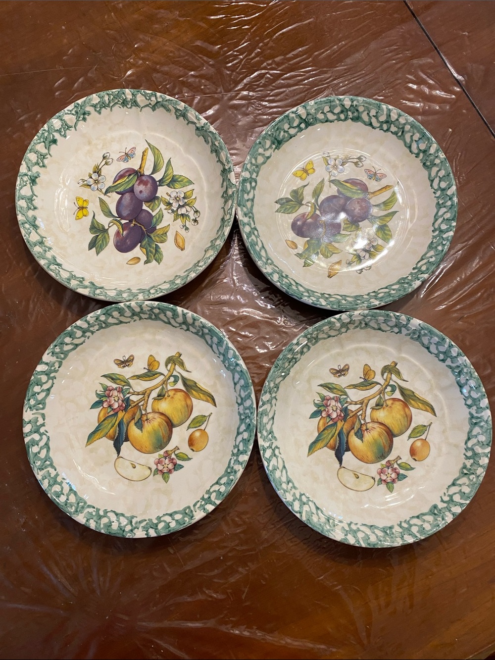 Vintage-Himark Inspired Fruit Motif Ceramic Dinner Bowls - Green Trim (Set of 4)